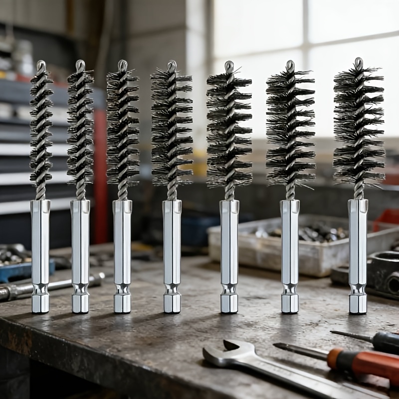 7pcs stainless steel wire brush set multi specification for deburring rust removal and polishing screws 1 4 inch hex shank design suitable for dusting rust removal stain removal and polishing pipes cleaning bearings and cleaning kitchen