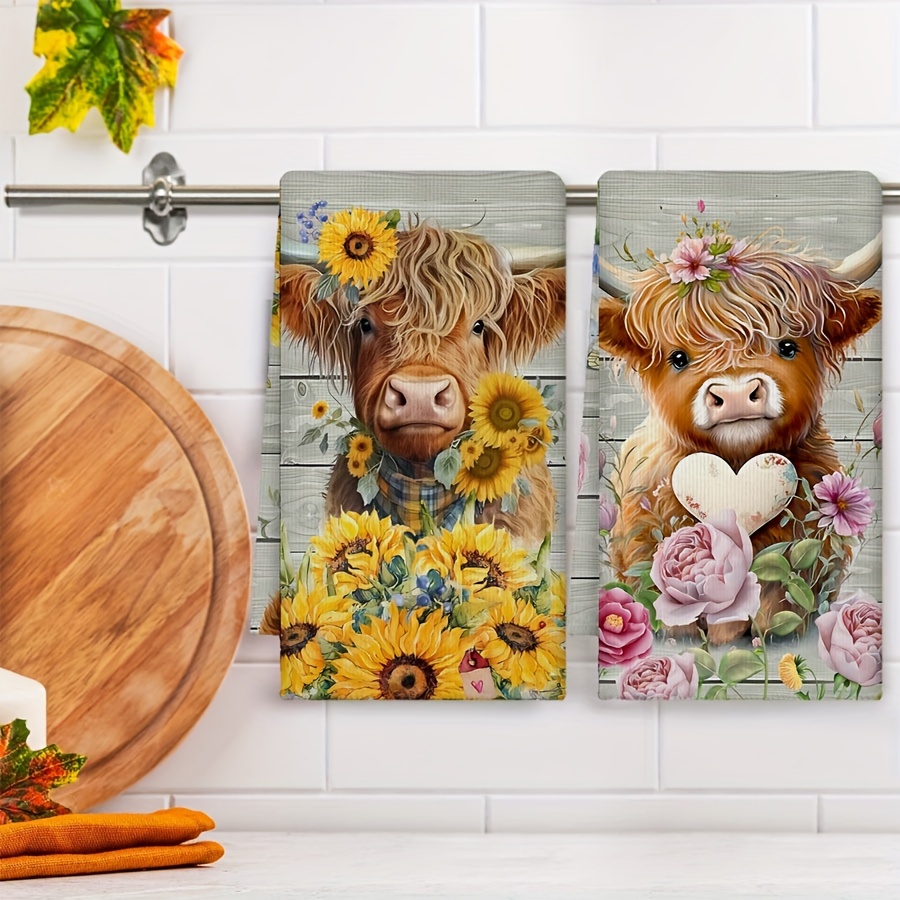 

2pcs Of Highland Cow Kitchen Dishwashing Towels, Countryside Farmhouse Tableware, Seasonal Cute Cow Decoration, Hand Tea Towels Suitable For Kitchen, Home Cooking, Baking, And Cleaning