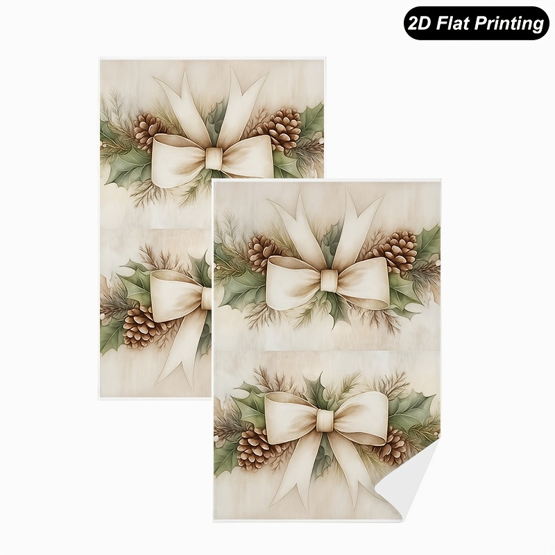 TEMU 2pcs Beige Bow & Pine Cone Christmas Kitchen Towels - High Absorbency Dish Cloths Suitable For Kitchen, Bathroom, Farmhouse, Holiday Decor, With