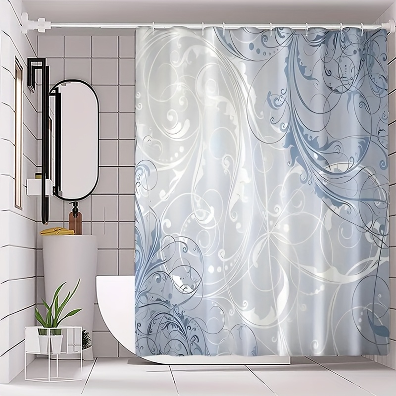 TEMU Rideau de douche bleu paisley imprimé numérique - et blanc, design élégant à tourbillonnants, polyester lavable en machine, parfait pour la