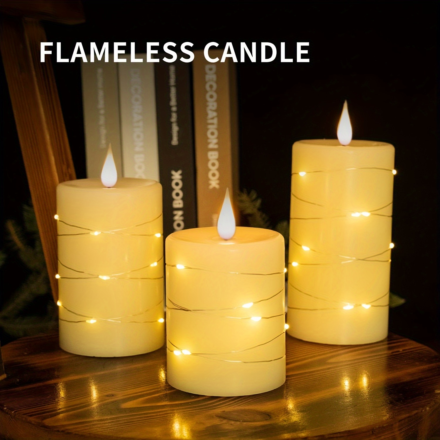TEMU 3pcs Flameless Led Fairy Candles With String Lights & Remote, Battery Powered, Perfect For Daily Gifting, Home Decor, Birthday Ambiance Enhancement
