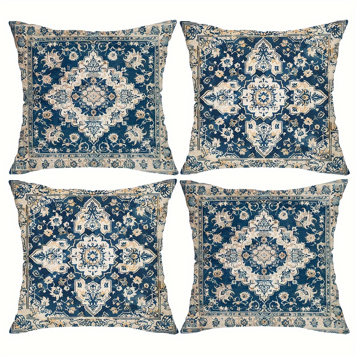 

4pcs, Geometric Blue Throw Pillow Covers, 18in*18in, Vintage Persian Bohemian Ethnic Pillow Covers, Decorative Cushion Covers For Living Room Bedroom Sofa Bed Decoration