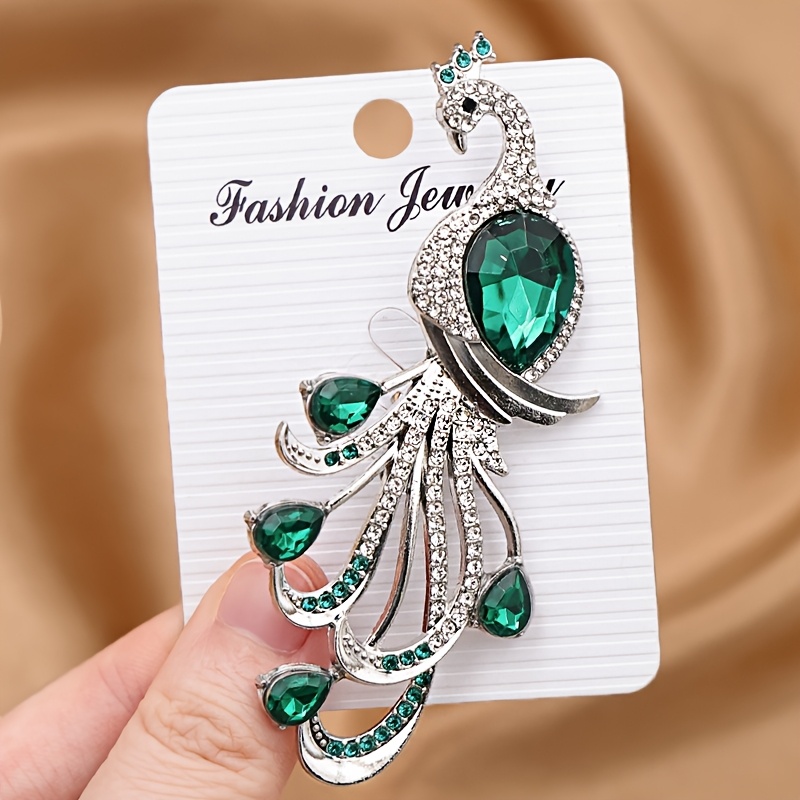 TEMU 1pc Peacock Shaped Alloy Lapel Pin With Green Glossy Crystal Inlaid Ornaments, Elegant Animal Clothing Decor Badge, Versatile Accessory For Suit