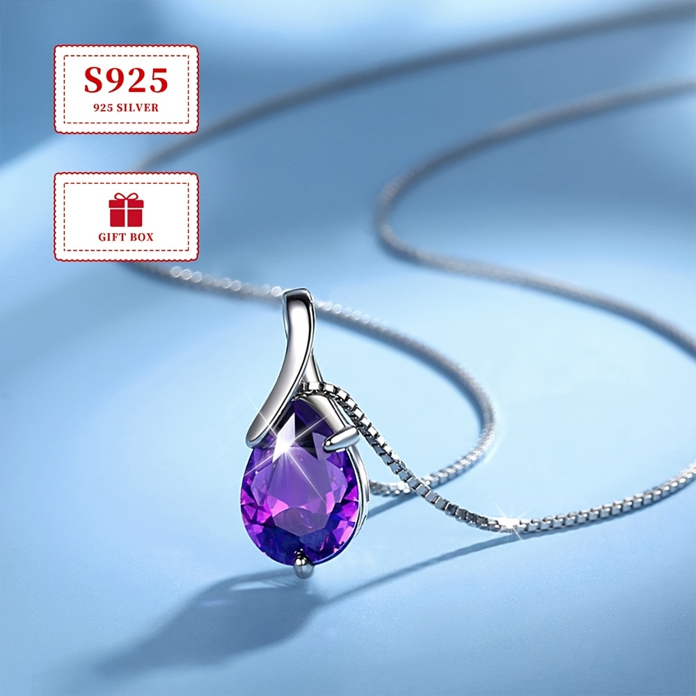 

1pc Elegant Sexy 925 Sterling Silver Pendant Necklace With Purple Teardrop Gemstone, Lightweight, For & Gift-, Accessory