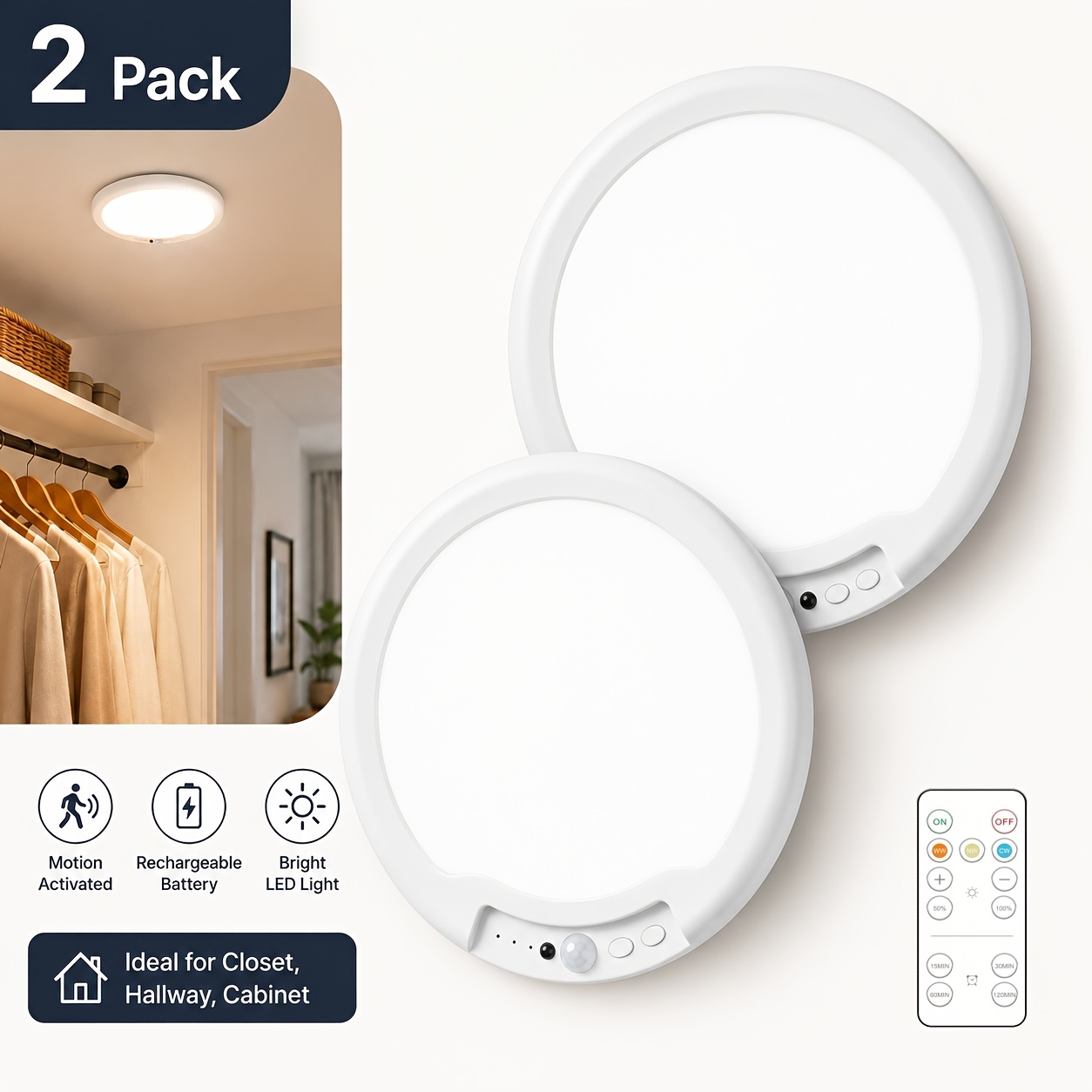TEMU 10000mah Rechargeable Led Ceiling Light With Motion Sensor, Wireless Battery Powered Indoor Lamp, Remote Control Ceiling Light With 3 Color
