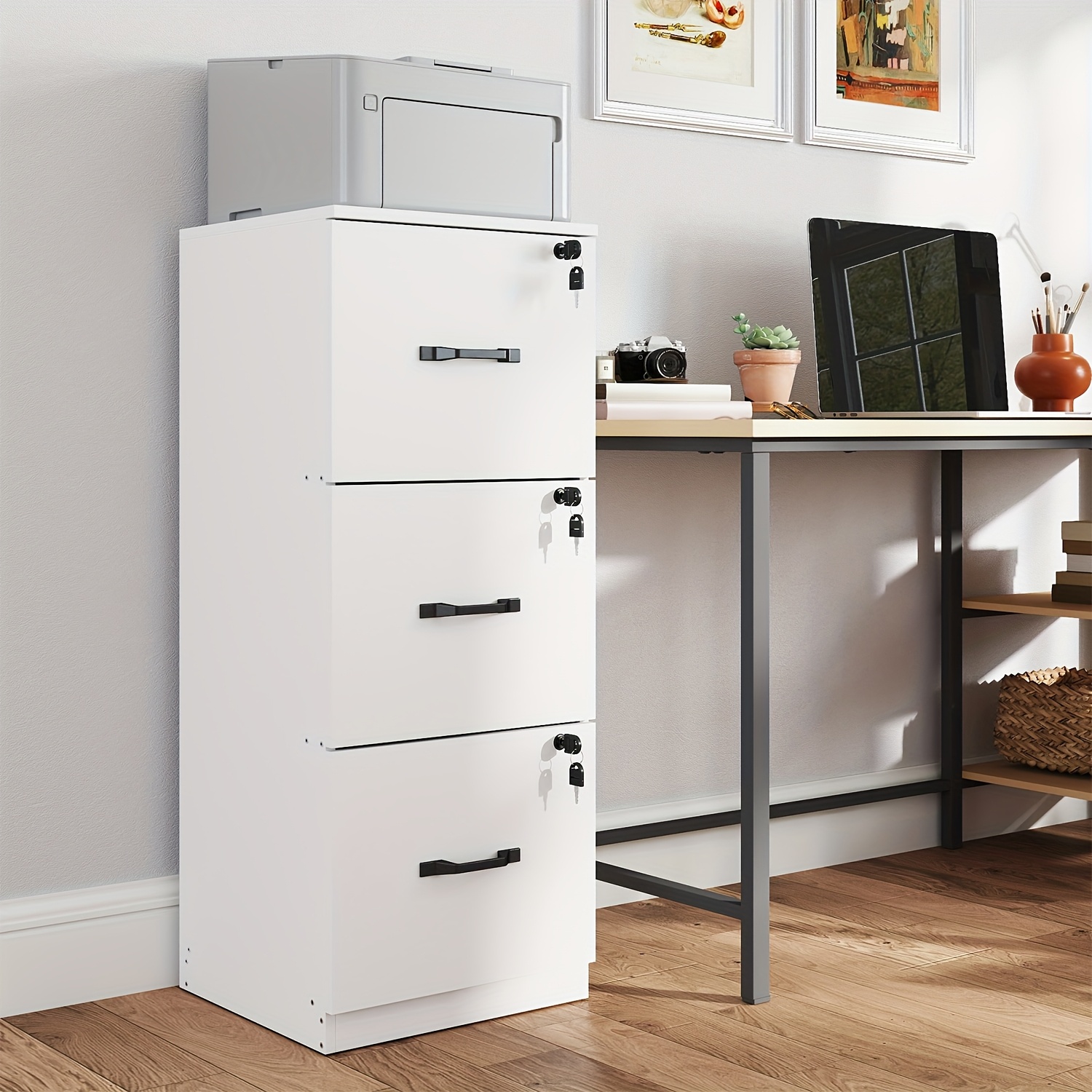 TEMU Eine kompakte Aufbewahrungseinheit für den Bürogebrauch, mit drei sicheren Schubladen und einem Regal für einen Drucker, geeignet für A4- und