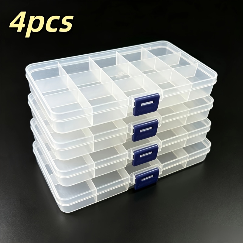 TEMU 4pcs Clear Plastic Bead Storage Boxes With 15pcs Grid - Durable With Lid, Stackable Space-saving Jewelry Boxes, Ideal For Organizing Small Items