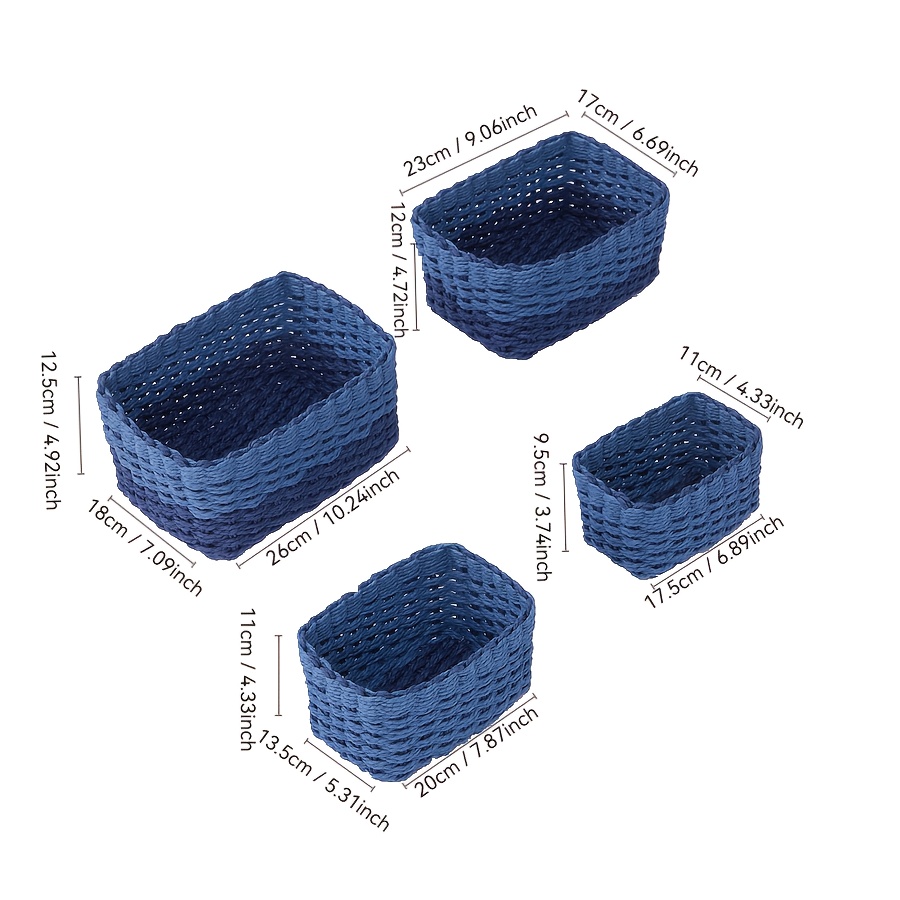 Image of 4pcs Blue Hand-woven Storage Baskets – Decorative Paper Rope Bins For Bathroom, Kitchen, Bedroom, Office – Storage For, Cds, Cosmetics, Sundries – Home Organization & Room Decor, Shelf Baskets