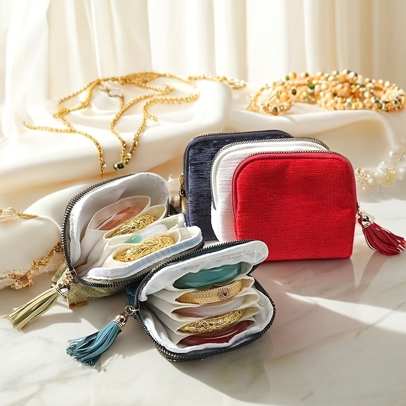 Jewelry Gift Bag with Velvet Storage Box, Tassel Zipper