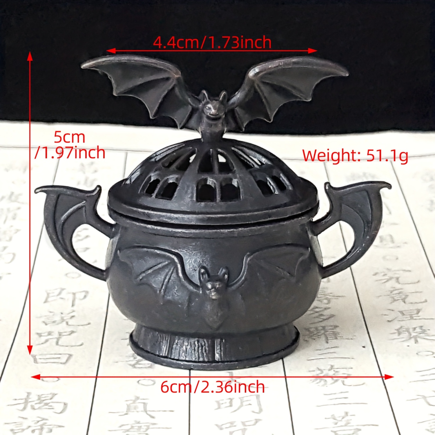 Image of Gothic Bat-shaped Metal Incense Holder & Holder - Alloy Altar Decor With Bat Wing Lid, Haunted Mansion Ornament For Meditation, Halloween Party, Vampire-themed Tabletop Accessory (no Scent Included)
