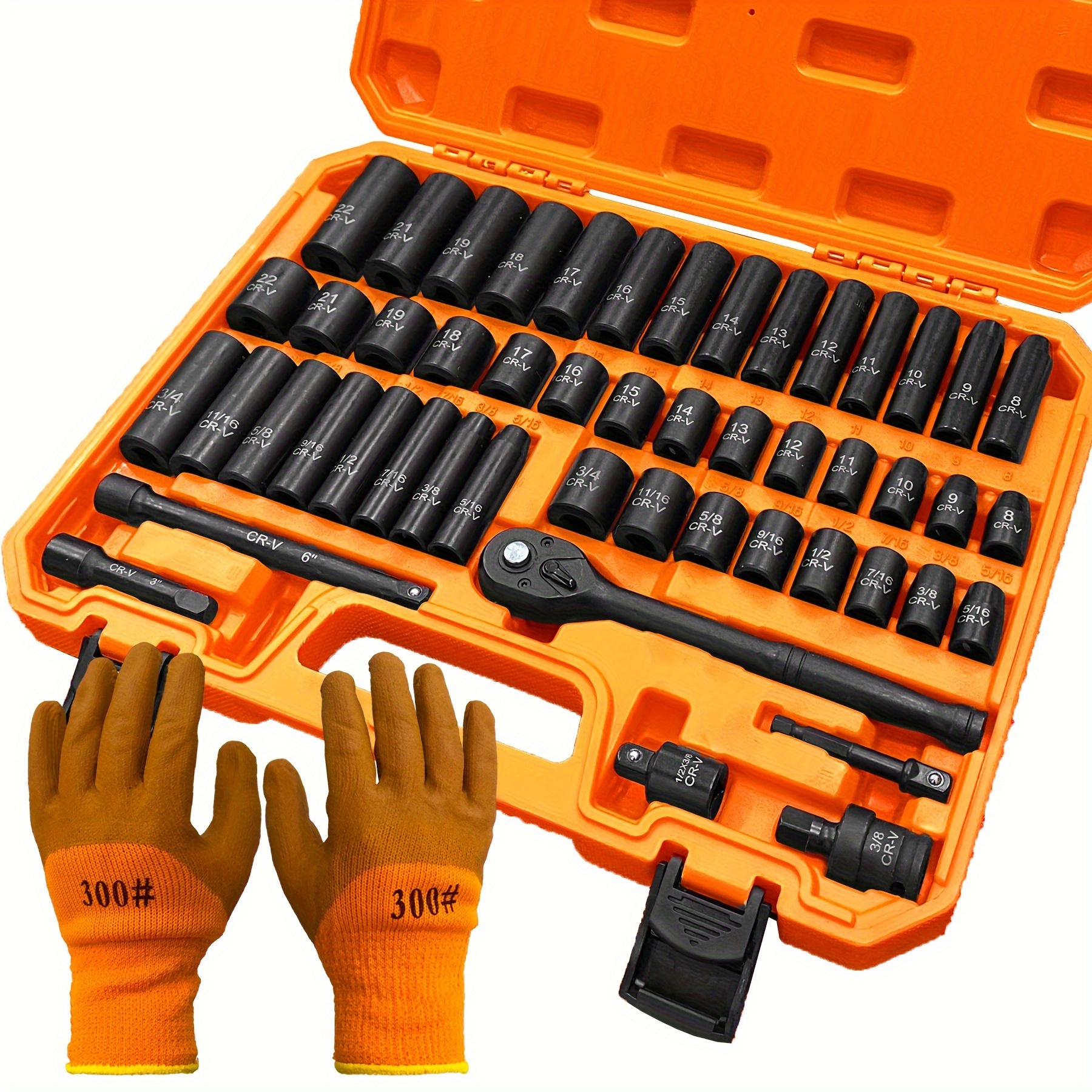 

50-piece Impact Socket Set 3/8" Drive, Sae (5/16" To 3/4") & Metric (8 To 22mm) Sizes, 6-, Includes Ratchet Handle, Extension Bar & Joint, , With Gloves.