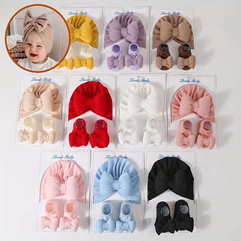 

2 Pcs Newborn Knit Fleece Bow Hat & Sock Set - Perfect For Thanksgiving - Cartoon Theme - Breathable - Suitable For 0-3 Year Old Girls