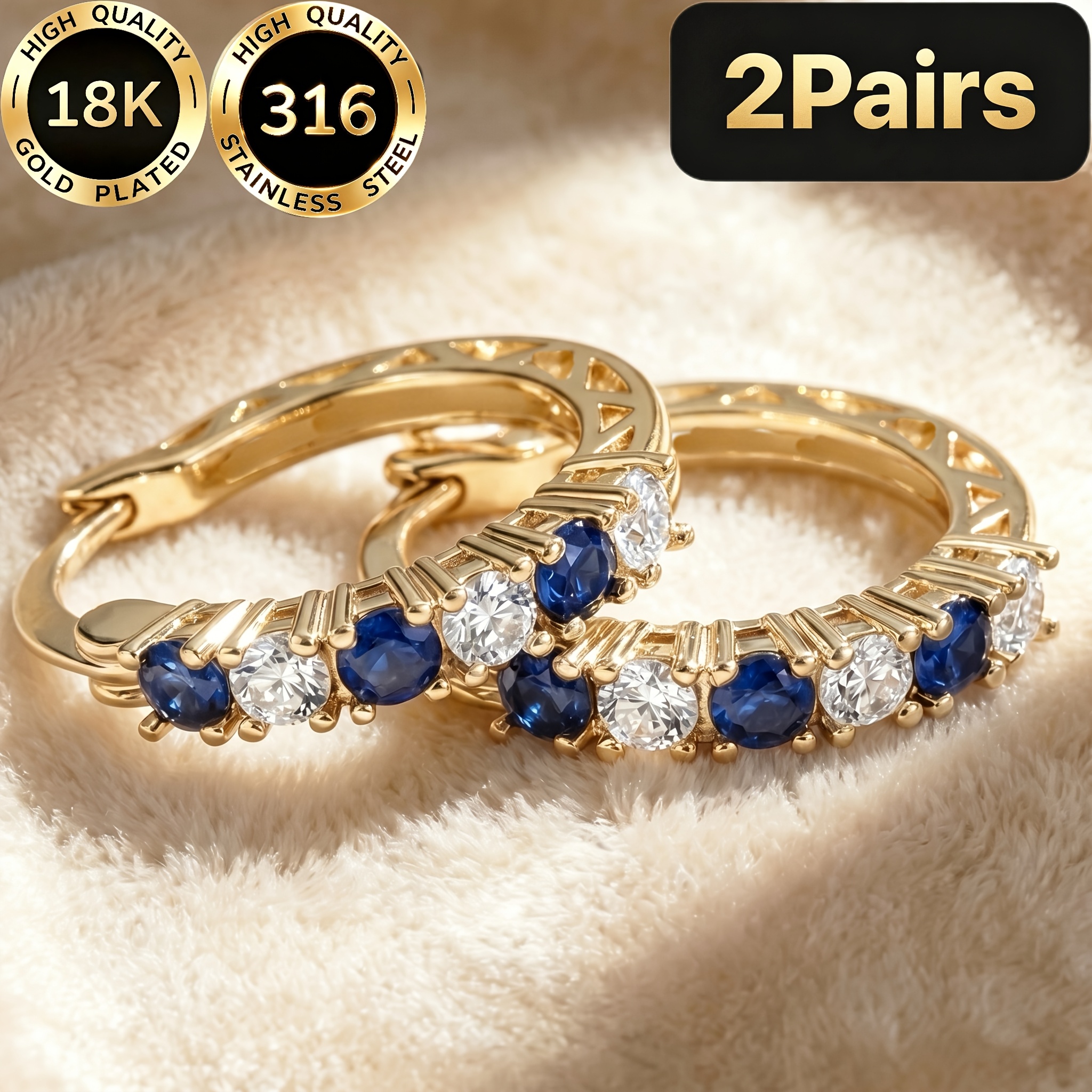 TEMU High-quality Steel 18k Golden Plated Hypoallergenic Facial Contouring Light Luxury White Intercalated Synthetic Zirconia With Hollow Women's