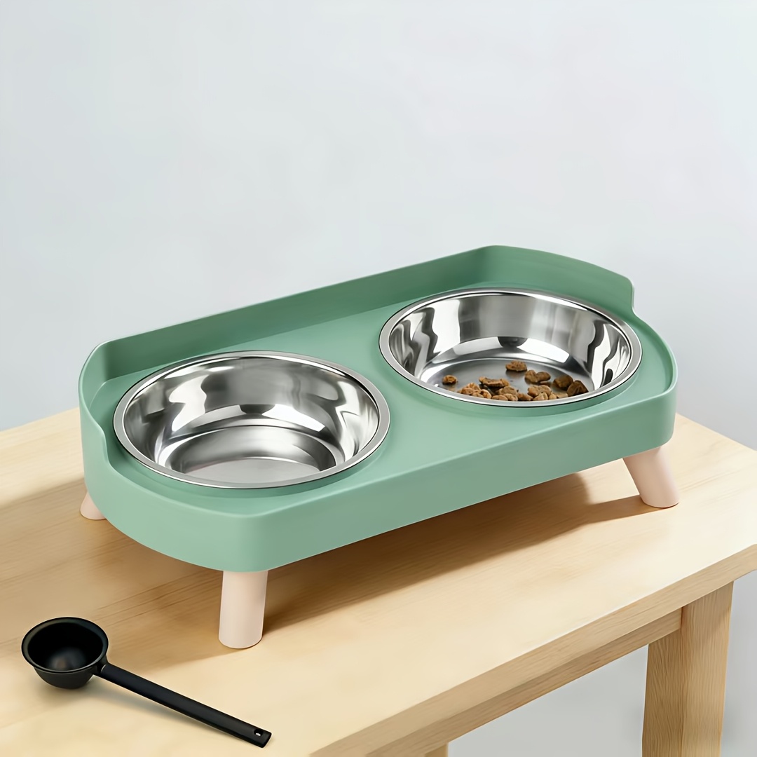 Elevated Pet Bowls with 2 Stainless Steel Bowls & 1 Pet Food Scoop, Raised Cat Food and Water Bowl Set for Neck Protection, Anti-Vomit Non-Slip Double Feeder for Indoor Cats and Puppies