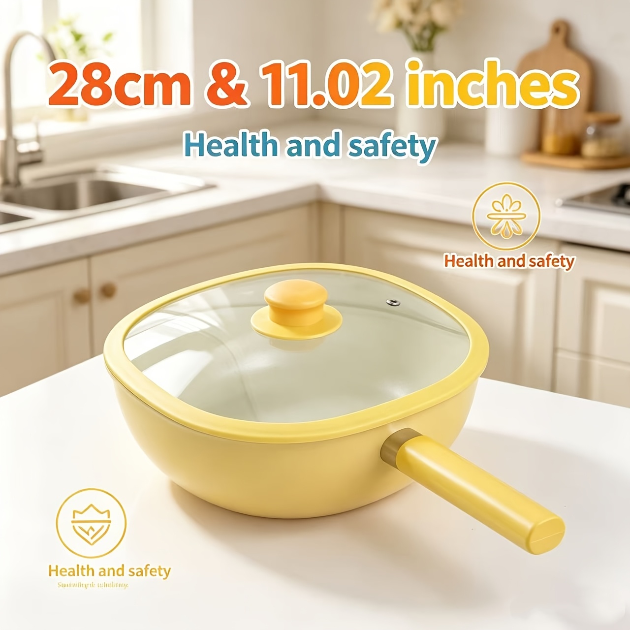 TEMU Wok carré antiadhésif de 28 cm , poêle à fond plat compatible induction, poêle de cuisson durable avec couvercle