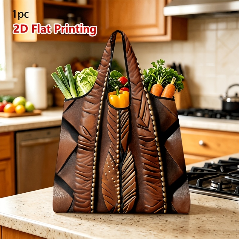 TEMU 1pc 2d Flat Unisex Large-capacity Shopping Tote Bag, 2d Flat Print Vintage Feather Texture Faux Leather Large-capacity Multi-compartment Unisex