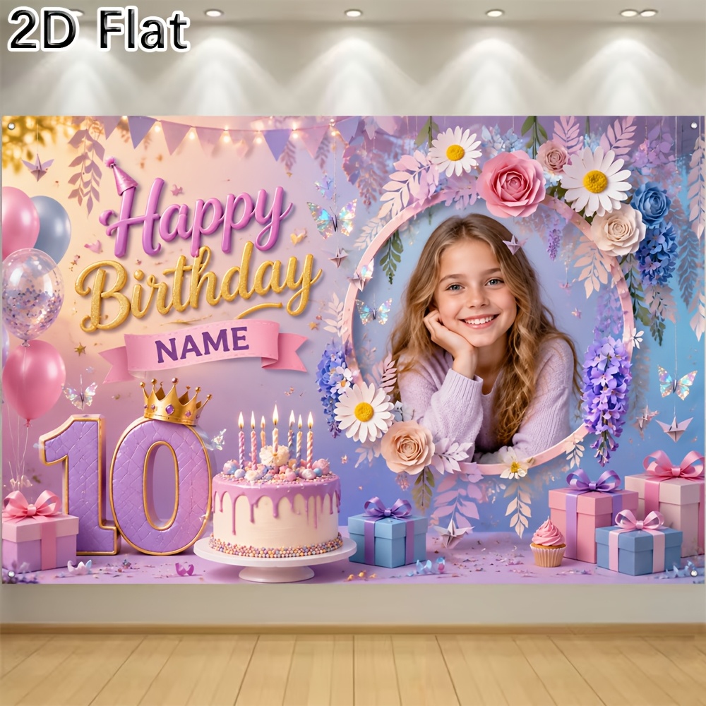 TEMU 2d Flat - 1pc 2d Flat Printing Banner Beautiful Banner Birthday Background Backdrop Supports Custom Photo And Name For 10th Purple Floral Themed