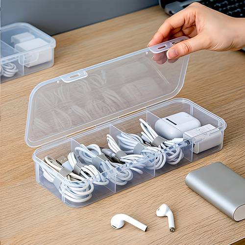 item picture 4 compartment transparent cable organizer box with dust proof lid large capacity cable management box ideal for office storage and daily storing cables data cords batteries and earphones saving desktop