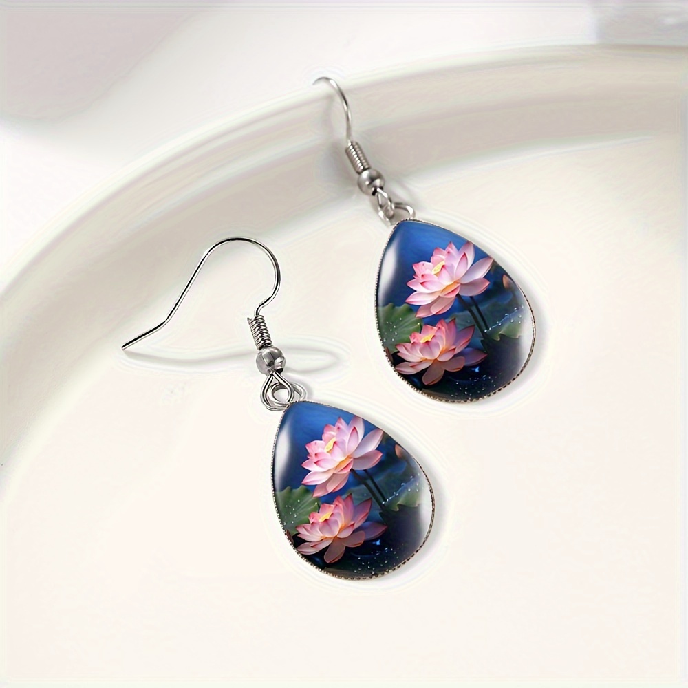 Women's Handmade Glass Dome Lotus Flower Tear Drop Earrings