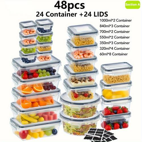 48pcs part a section b plastic refrigerator storage box 24 24 12 lid and 24 24 12 container kitchen set refrigerator and freezer storage box fruit and vegetable sealed box airtight design stackable design