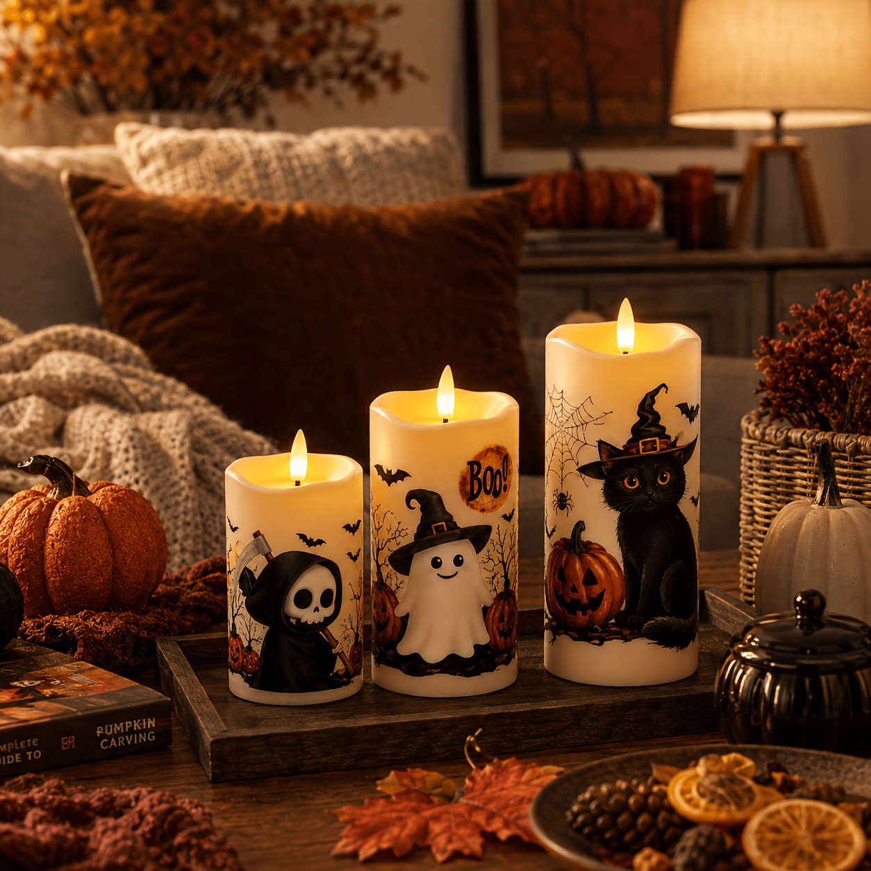 TEMU Candles With Flameless Halloween Reaper Black Cat Plastic Pillar Candles, 3 Pack Spooky Decorative Candles For Haunted , Table, Mantel, Shelf,