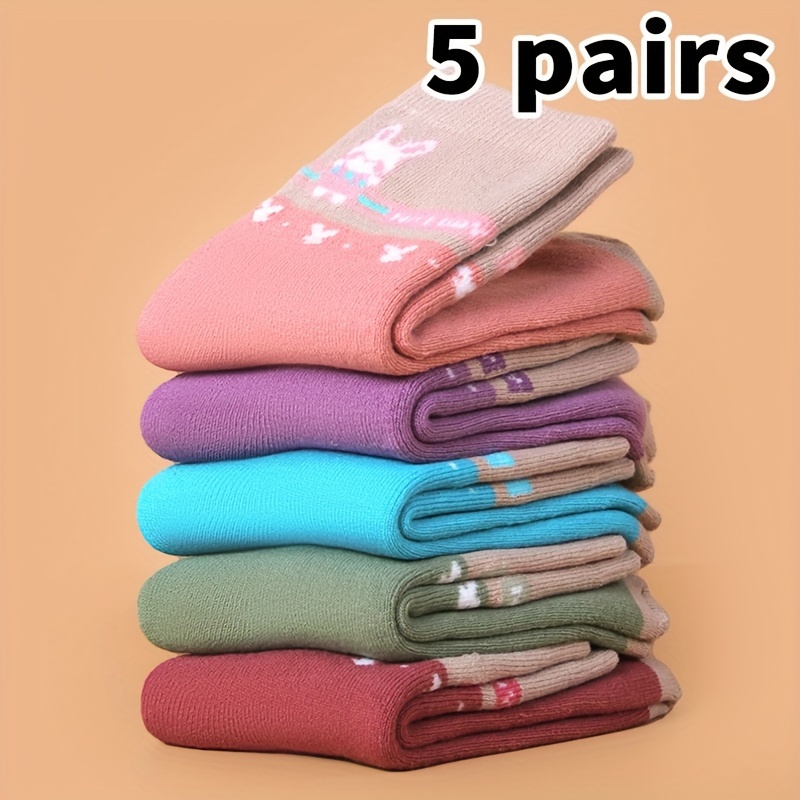 Image of 5 Pairs Girls' Thick Socks, Autumn Winter Kids Warm Fleece Socks, Cute Mid-calf Floor Socks