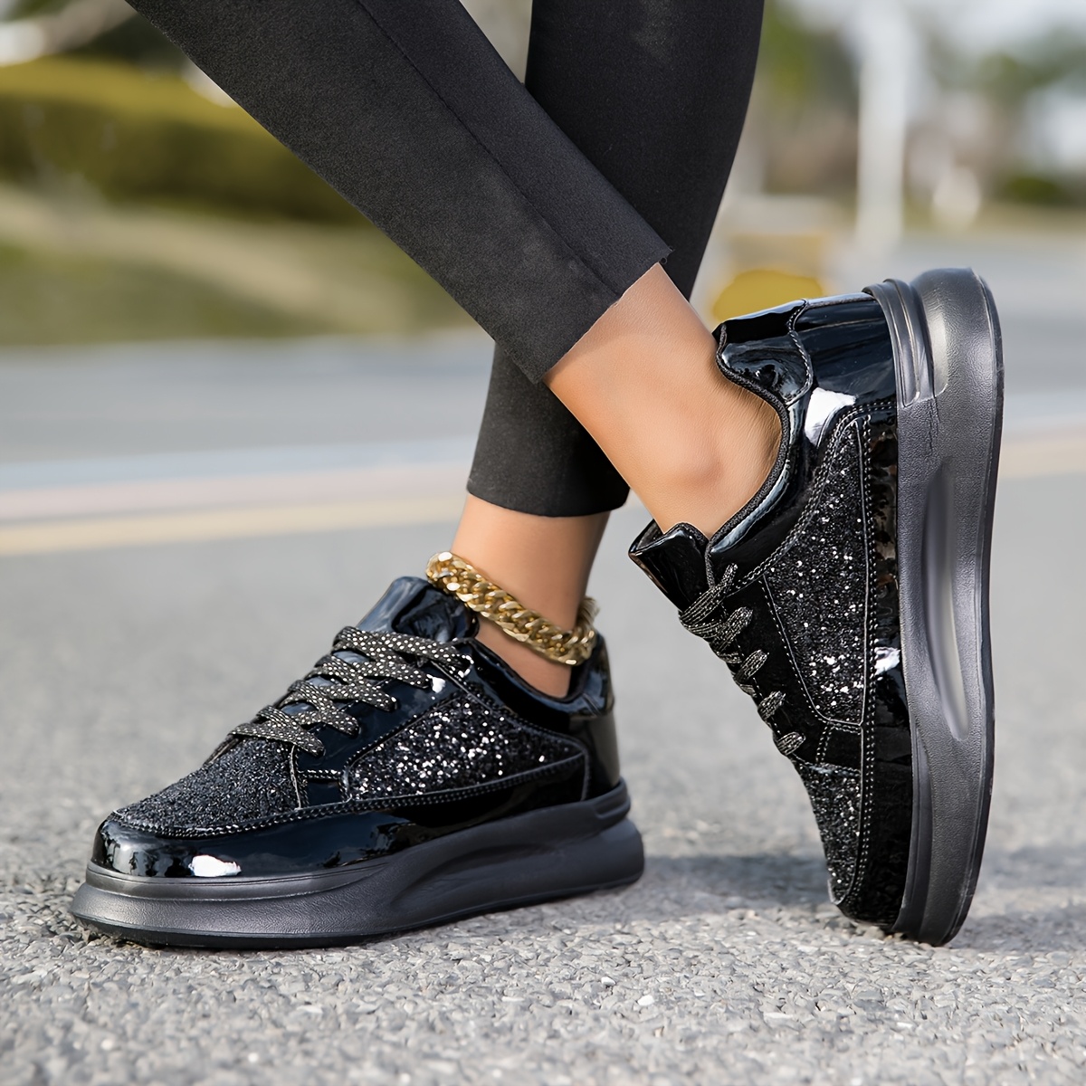 damen glitzernde schwarze casual sneakers runde zehen schnür