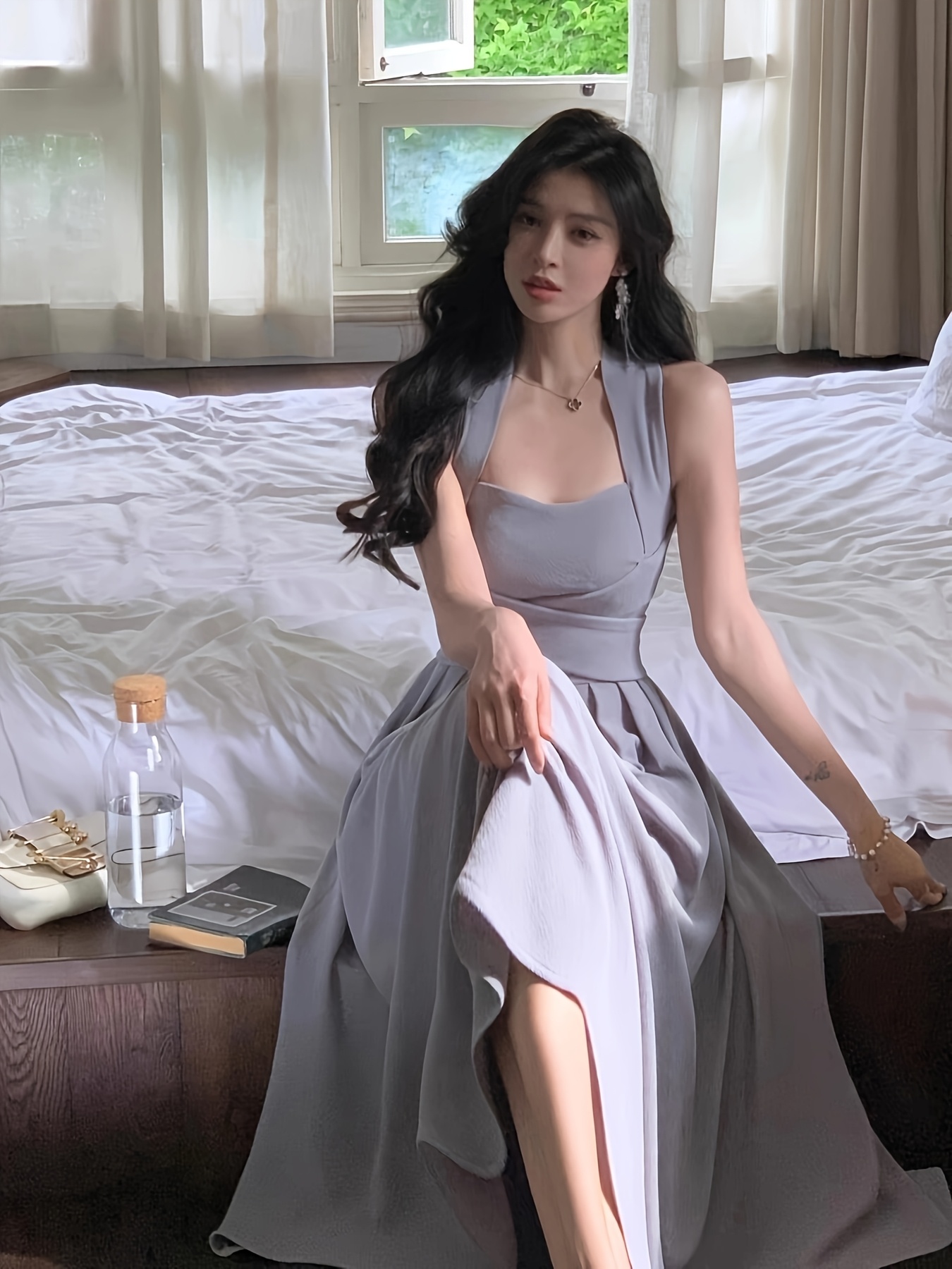 Tela Seda Francesa Vestidos Vestido Largo Cruzado Manga Corta