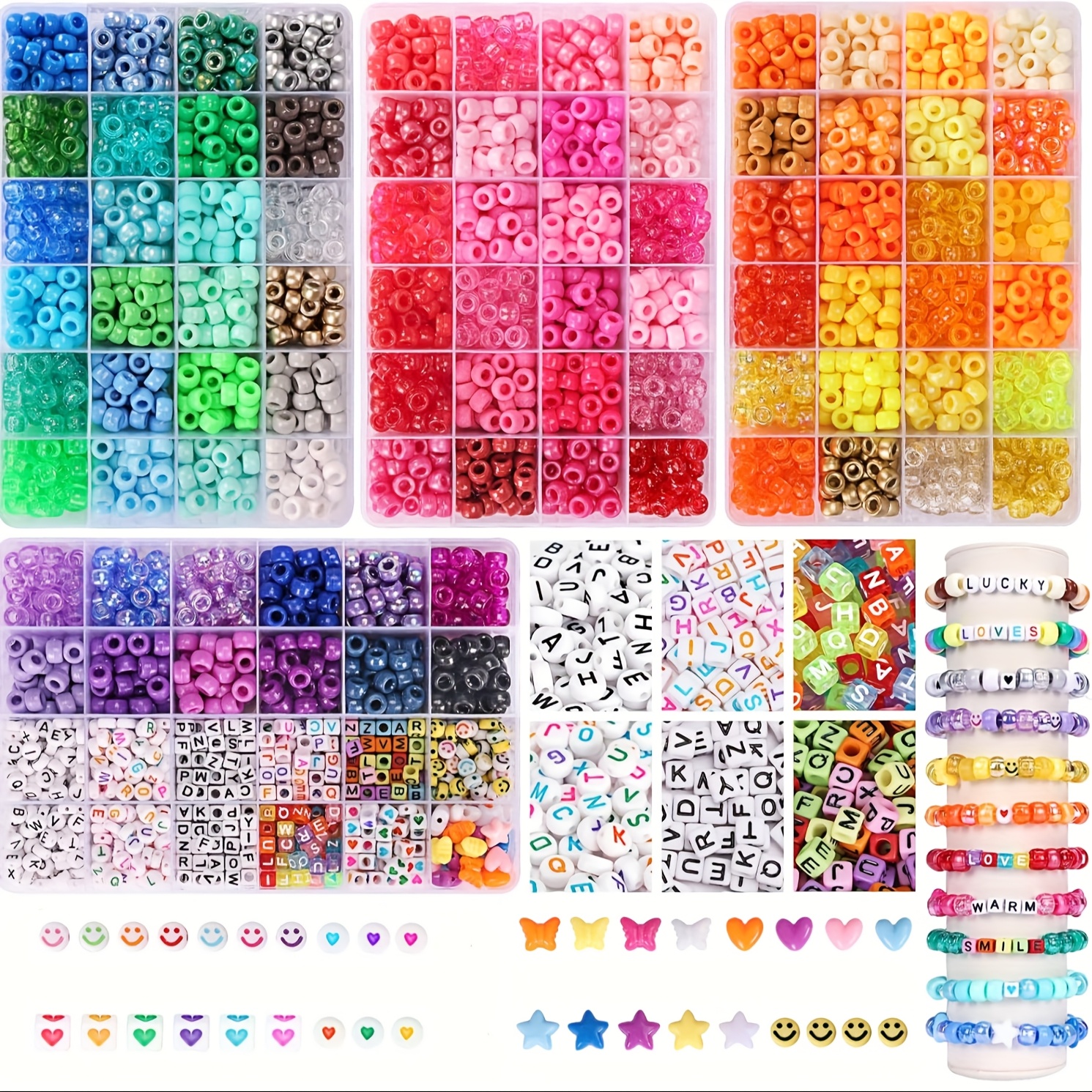 

4900pcs Beads Kandi Beads Set, 3780pcs Rainbow Hair Accessories Beads, 1080pcs Alphabet And Thread For Bracelet Jewelry Making