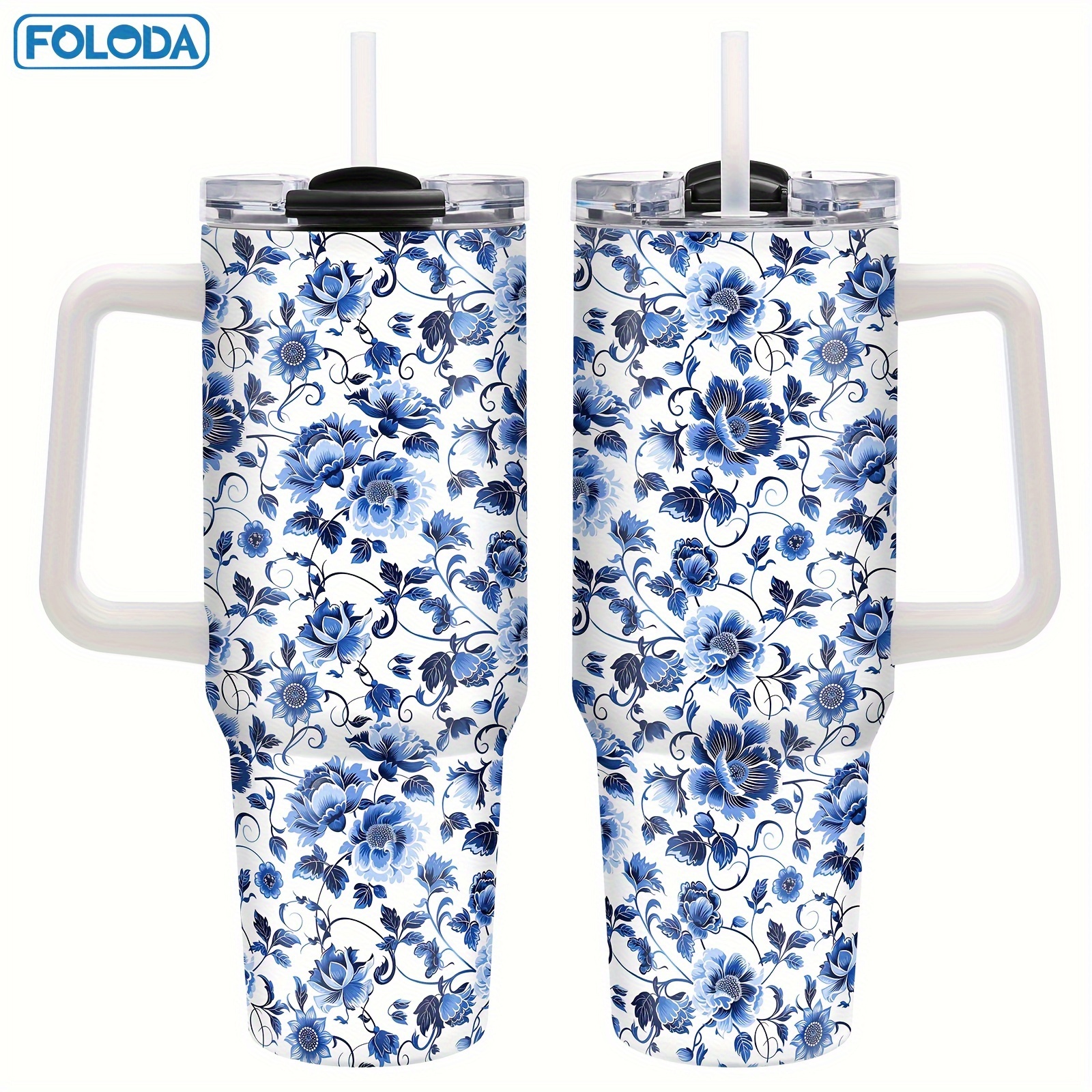 

Foloda 40oz Blue Floral Stainless Steel Insulated With Lid, Straw & Handle - Bpa-free, Ideal For Travel & Daily Use - Perfect Gift For Women, Mom, Grandma On Birthdays, Valentine's, Christmas