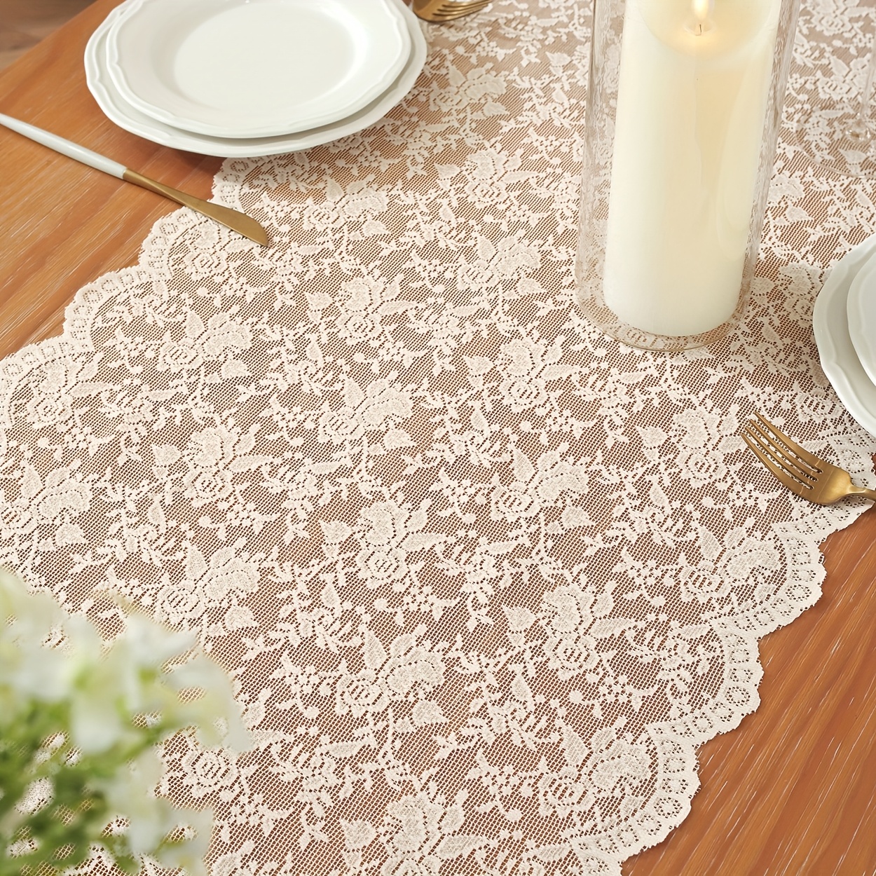 E-shop 1Panel Ländlicher Blumen-Spitzen-Jacquard Transparenter Tischläufer, , Geeignet für Esstische, Kaffee- Teetische, Teetisch-Accessoires