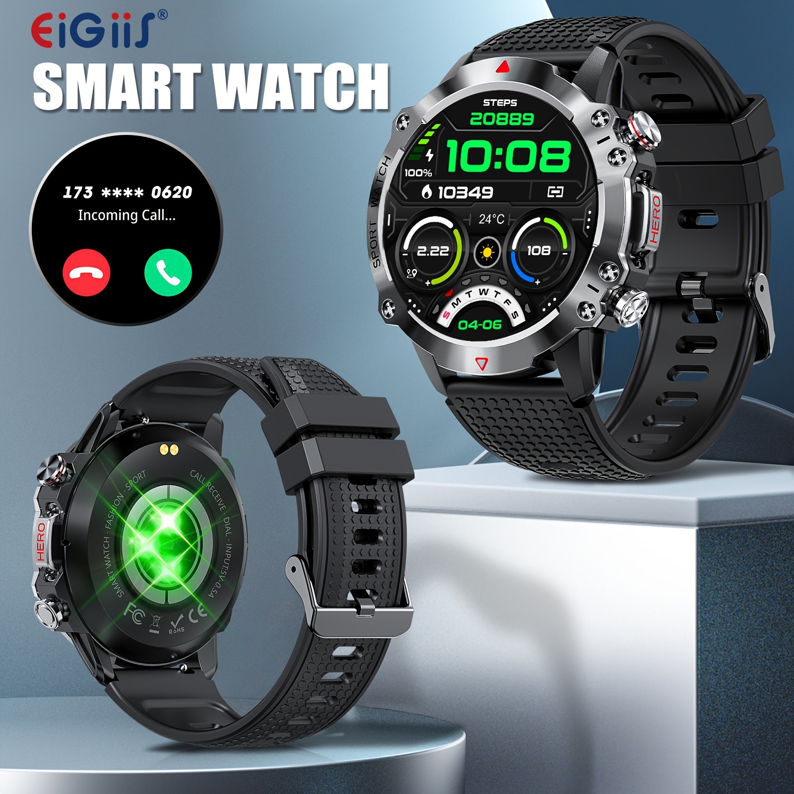Reloj inteligente militar para hombre con presión arterial (respuesta/hacer  llamadas), reloj inteligente táctico resistente para Android y iPhone