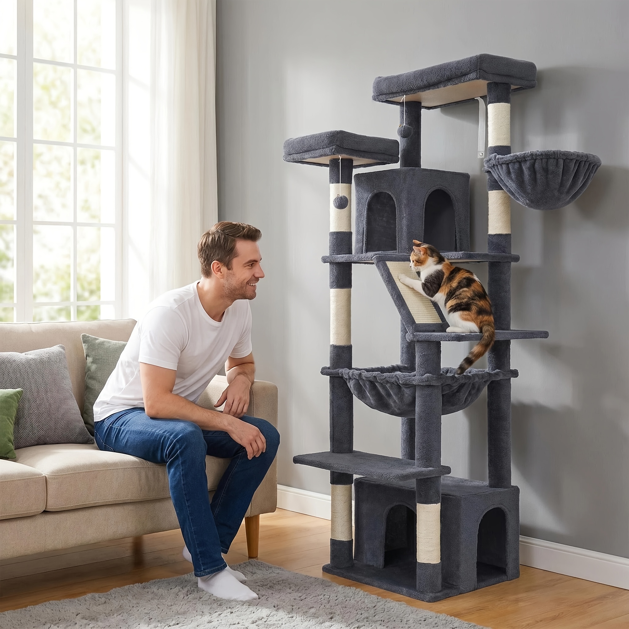 TEMU Árbol para gatos de lujo - extralarga de 8 niveles de 184 cm con de madera y postes de sisal, estructura de escalada multinivel con plataformas