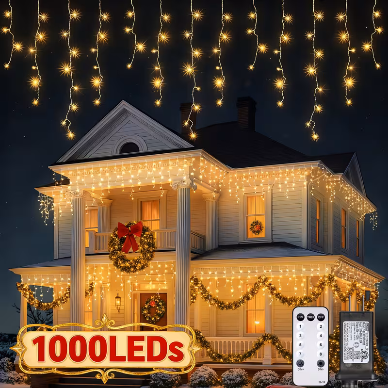 98.4ft/1000leds, christmas waterfall light icicle string light, 80drops, 8 with timing, christmas light, ip54, icicle lights, twinkle lights for outdoor christmas holiday decorations, patio, house, garden, yard, party, warm white | Free Shipping On Items Shipped From Temu | Temu