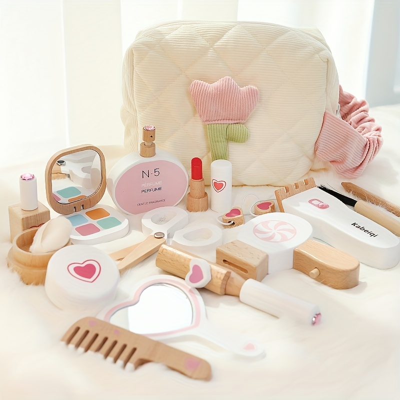 wooden girlhouse playset hairdressing tools makeup bag toys pink synthetic gemstone little princess lipstick perfume and more wooden princess toys perfect gift for girls and boys for school birthday halloween thanksgiving christmas best for christmas   thanksgiving 0