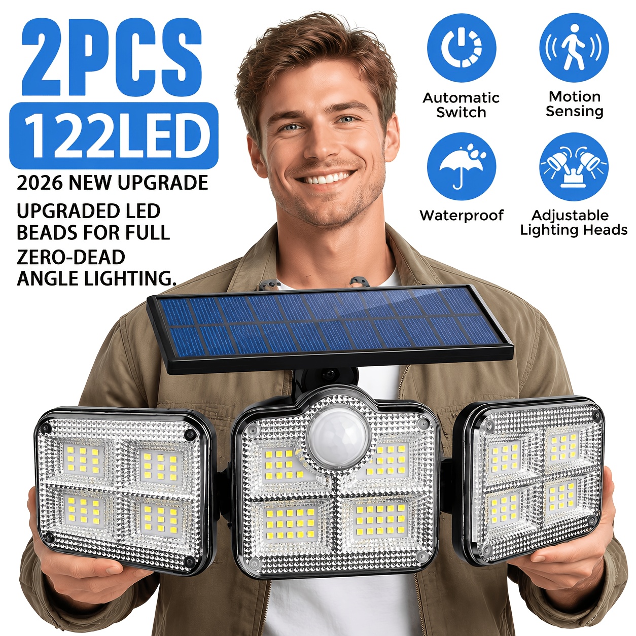 TEMU 2pcs Solar Outdoor Lights, 122led 3 Adjustable Heads Solar Security Light With Motion Sensor, Ip65 Waterproof Solar Wall Lamp For Yard, Patio,