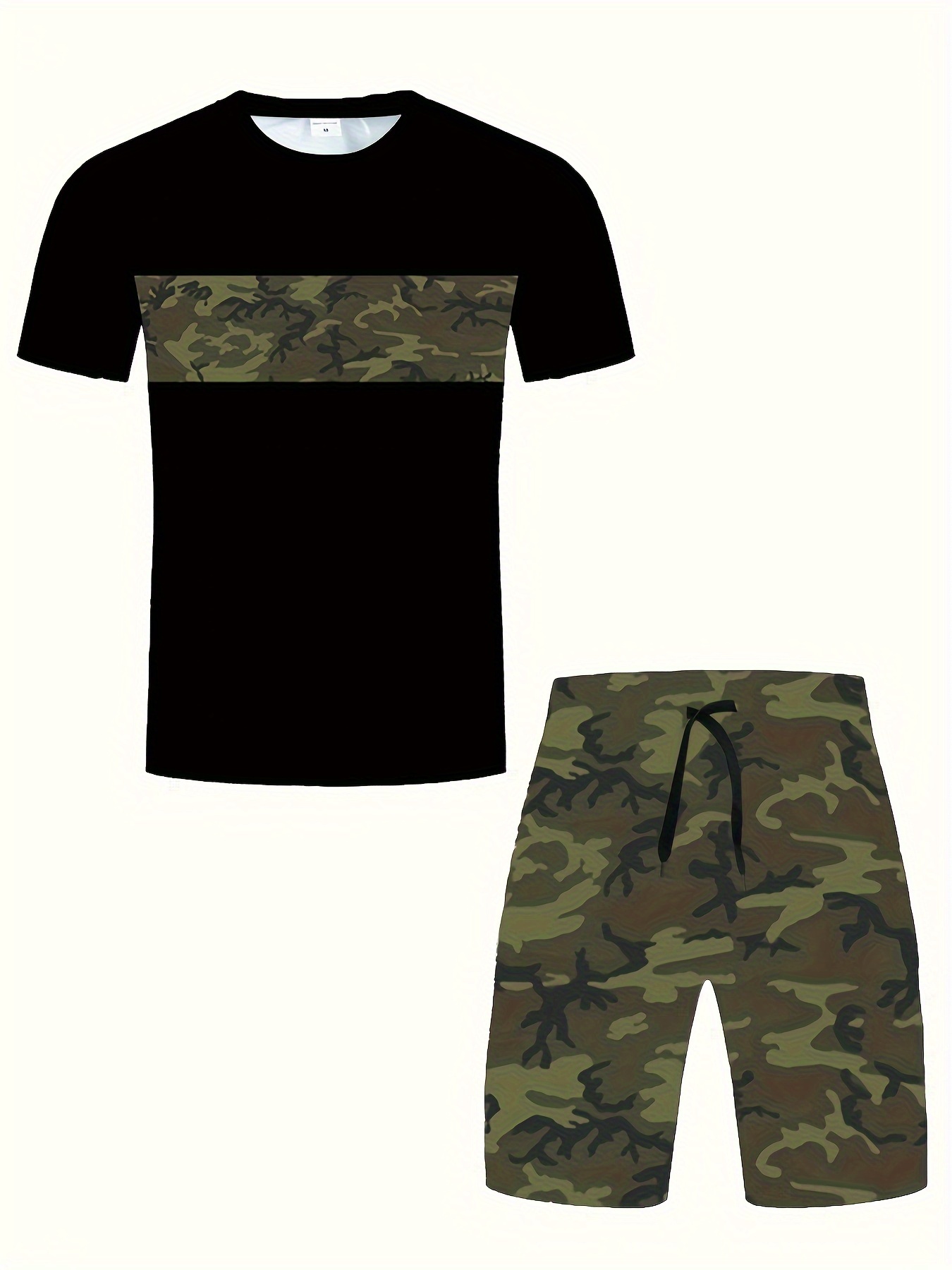 Camouflage Full Print, Street Style Men's 2Pcs Outfits, Trendy T-shirt And  Loose Drawstring Shorts Set, Mens Clothing