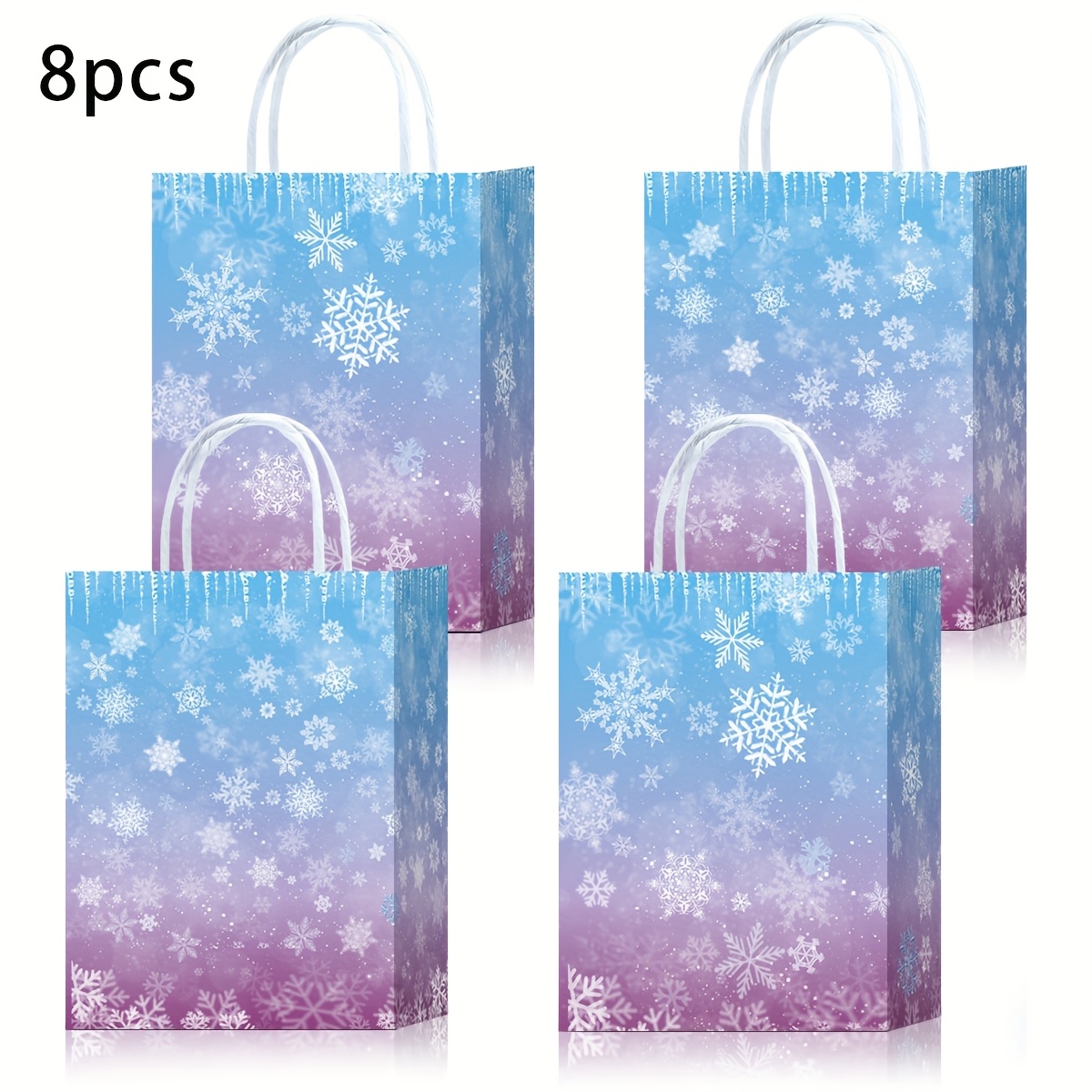 Image of Gift For Her/him 8/12/16pcs Gradient Snowflake Themed Gift Bags, And Birthday Party Bags, Paper Material With Handles, 2 Gradient Blue-purple Base Colors With Exquisite Snowflake ,halloween,christmas