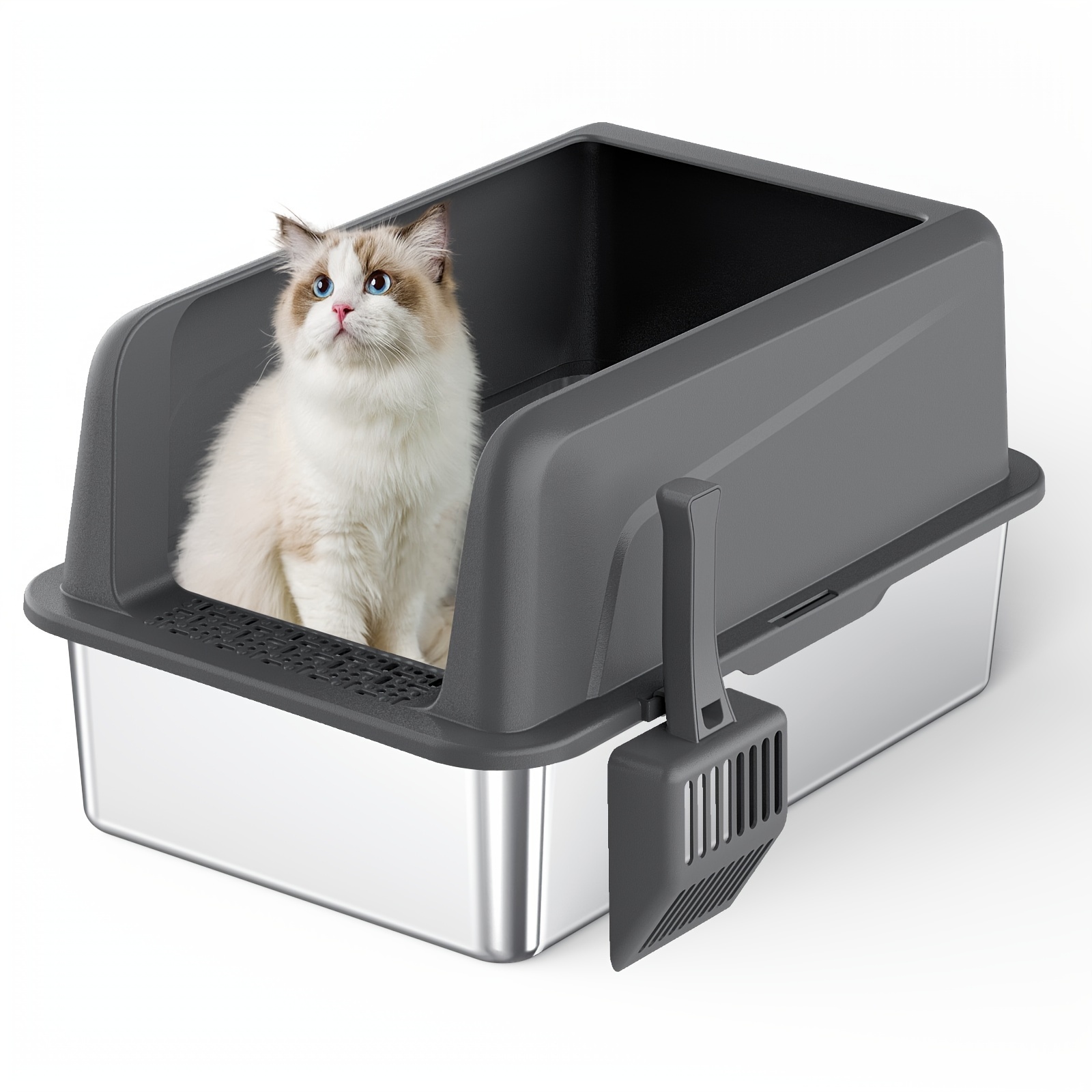 

Stainless Steel Cat Litter Box With Scoop, Half Enclosed Xl Litter Pan For Medium To Large Cats, High-sided Metal Cat Toilet, Odor Resistant, Leak-proof Design, Easy To Clean - Rectangular