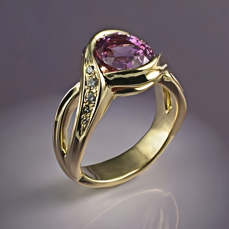Image of Engagement Copper Ring, Set With Round Purple Cubic Synthetic Zirconia Rhinestones, A Gift For Your Engagement/wedding Ring