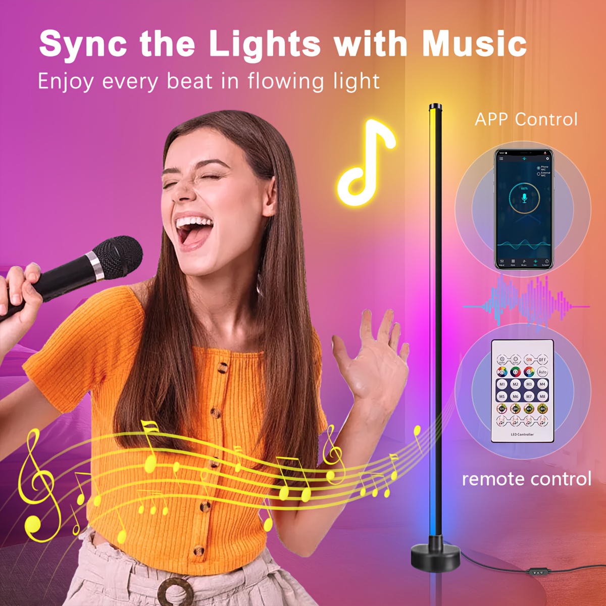 A Smart Color-Changing Floor Lamp, LED Corner Light with Music Synchronization, Controls The Ambient Lighting - Powered by USB, Suitable for Bedrooms, Living Rooms, And Gaming Areas - Adjustable Brightness, Modern Ambiance Light