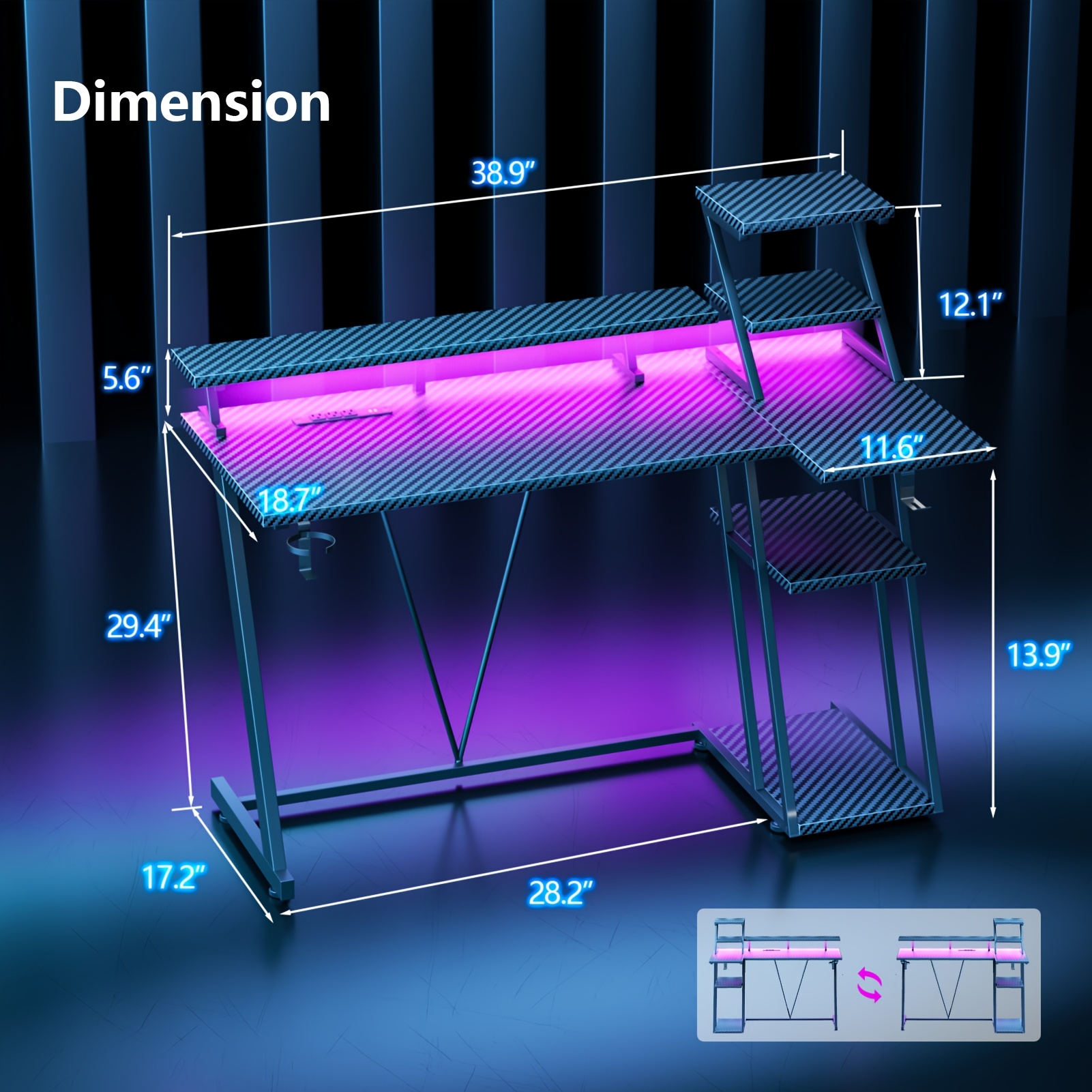TEMU 39 Inch Gaming Desk With Led Lights And Power Outlet, Small Gaming Computer Desk With Storage Shelves, L-shaped Gamer Workstation With Monitor