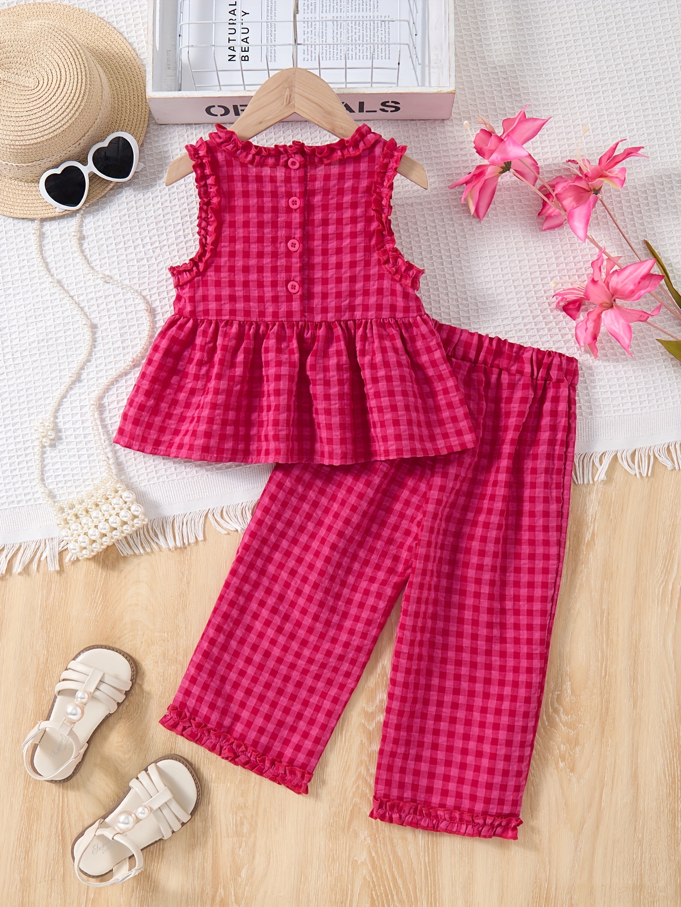 2025 summer girls' red ruffle sleeveless ruffle Temu United