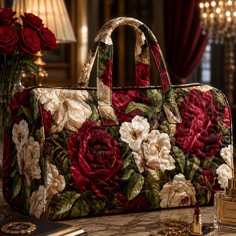 Image of Women's Vintage Dense Red And White Peony Floral Print Shoulder Tote Bag, Material, Multiple Specifications , Lightweight Stylish Handbag For Daily Commuting, Travel And Shopping