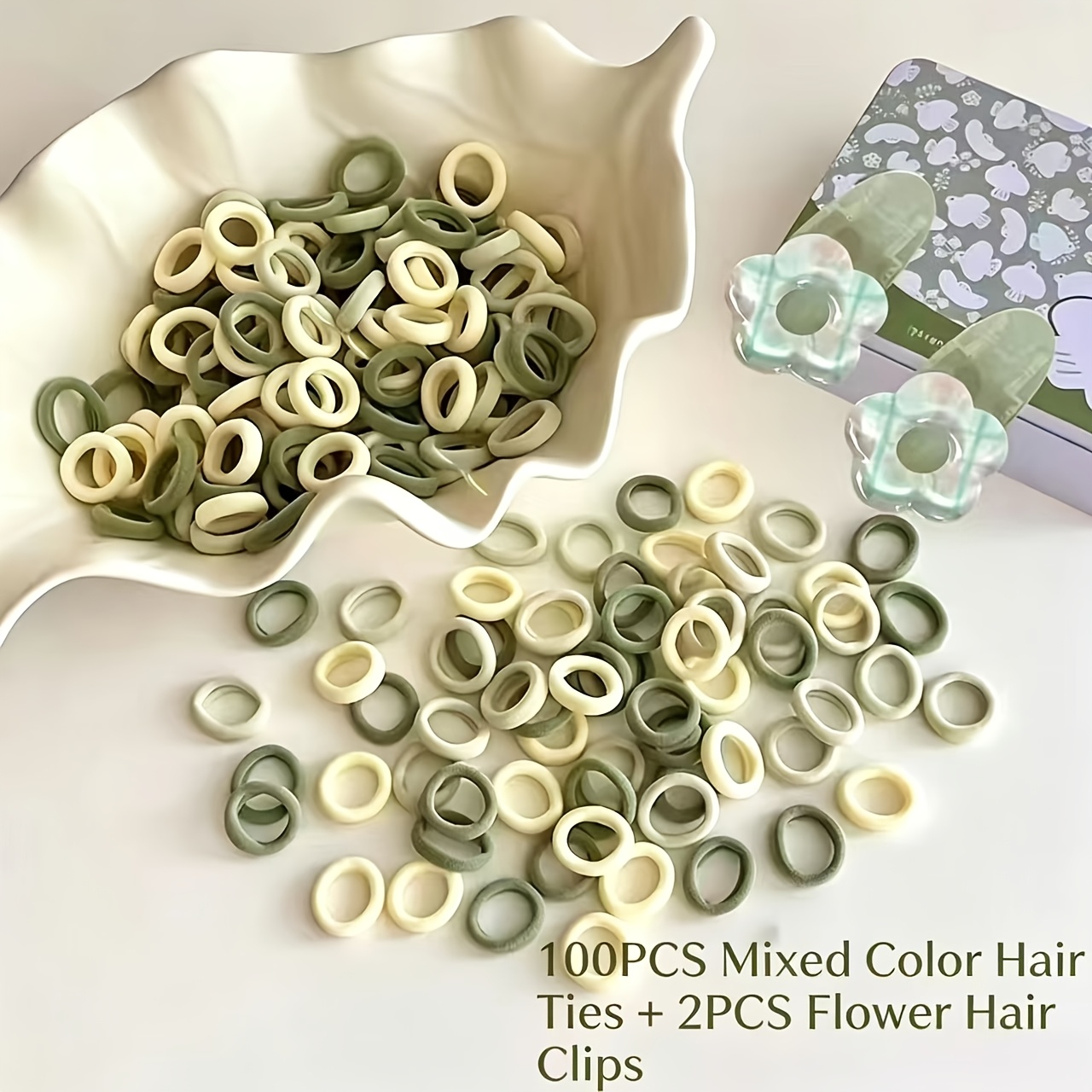 Image of 100pcs Colorful High-elasticity Hair Ties + 2pcs Flower Hair Clips Set, Hair For Daily Styling, Fresh And Versatile, Ideal For Everyday Looks