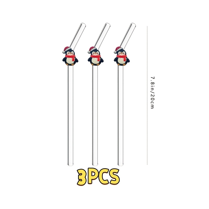 TEMU 3pcs Christmas Cute Penguin Decor Curved Glass Straws. Reusable For Coffee, Milk Tea, Juice, Smoothies, Cold & Hot Drinks. Great For Weddings,