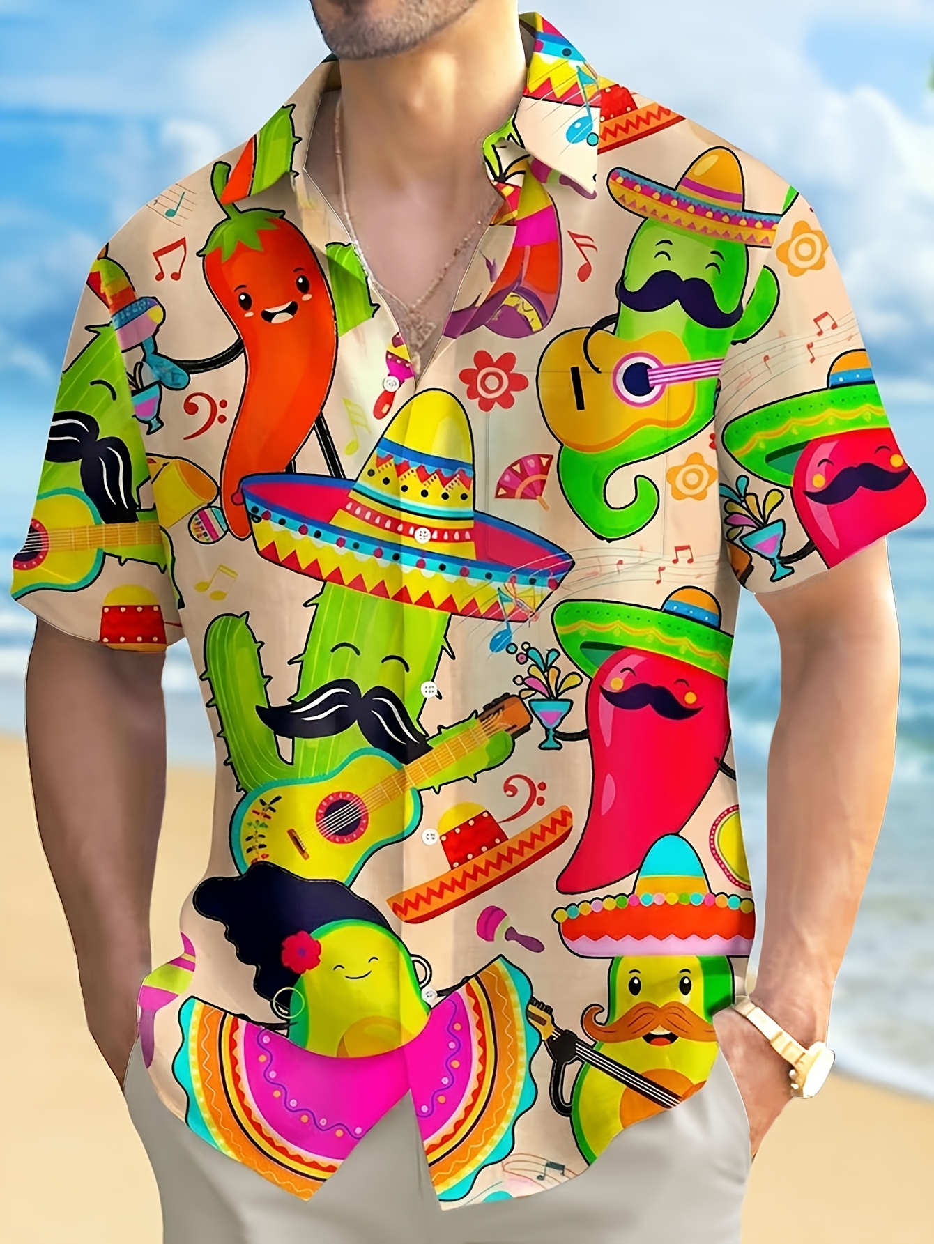 item picture mexican   de mayo cactus and chili pepper print mens button up short sleeve shirt hawaiian shirt