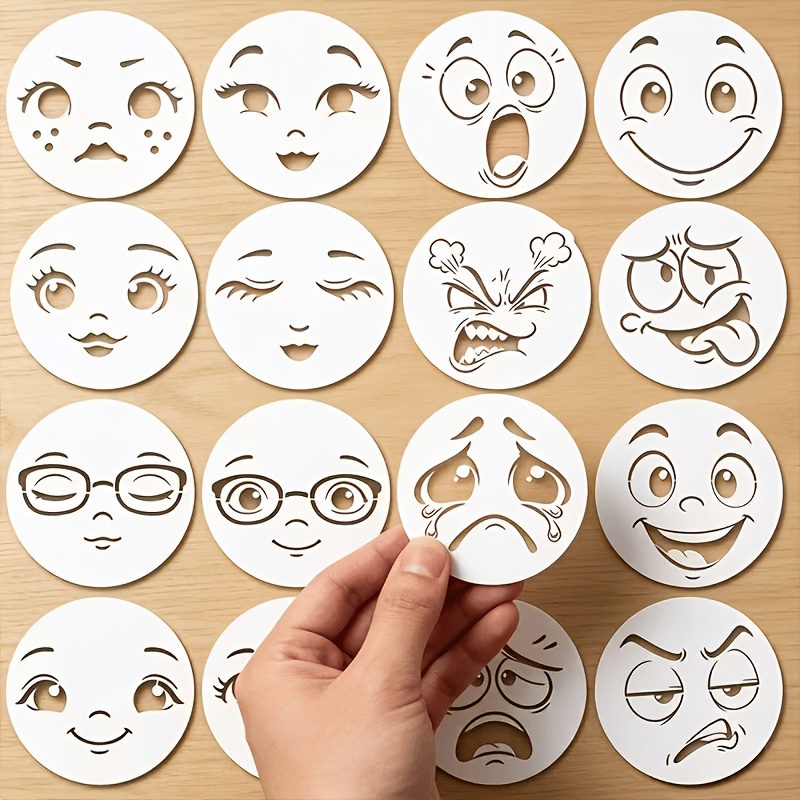 TEMU 16pcs Set Of Multi- Face Hollow Painting Templates, Joy Anger Cartoon Stencil Templates, Reusable Masking Spray Templates, Suitable For Pottery