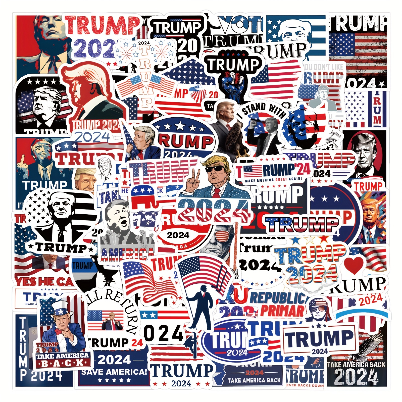 120pcs Patriotic Trump 2024 Election Humor Vinyl Stickers, Reusable Decals for Laptops, Guitars, Luggage, Skateboards, Teens & Adults