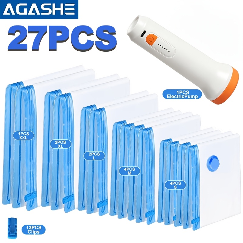 TEMU Kit de Rangement Sous Vide AGASHE 27 Pièces avec Pompe Électrique Rechargeable, 5 Tailles et 13 Pinces de . Matériau Épais Étanche à Bloque
